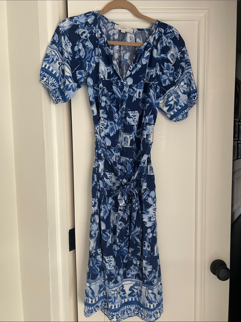 LOFT Blue and White Floral Wrap Midi Dress with Puff Sleeves